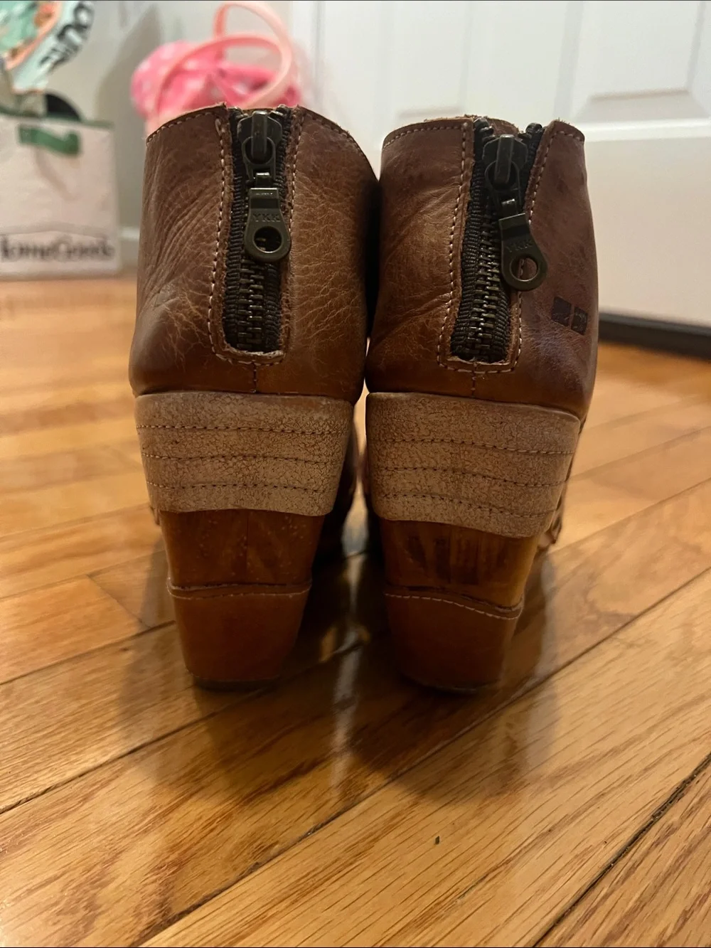 Bed Stu Brown and Light Tan Leather Crossover Wedge Sandals